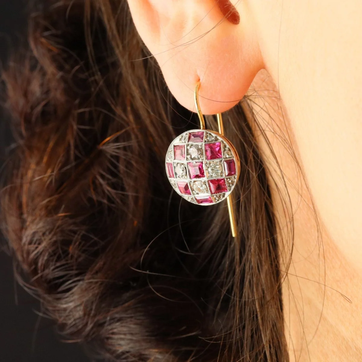 Earrings in yellow gold, Platinum, Rubies, and Diamonds - Image 2