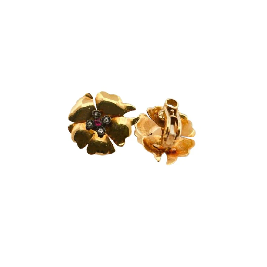 Flowers earrings in yellow gold, rubies and diamonds - Image 3