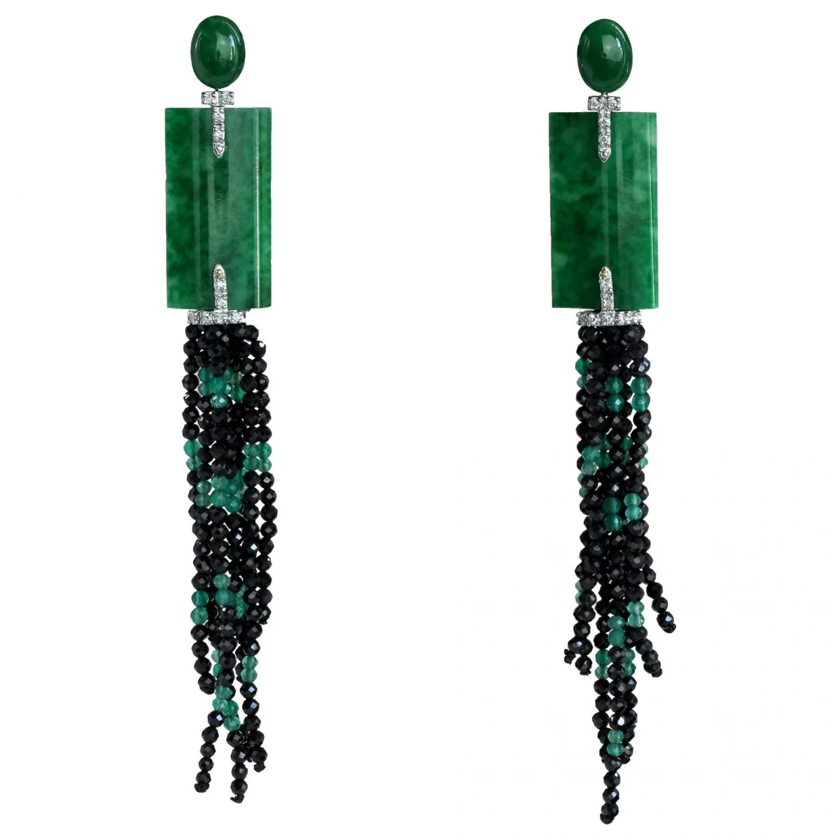 Dangle earrings in white gold, jade, spinels, emeralds and diamonds