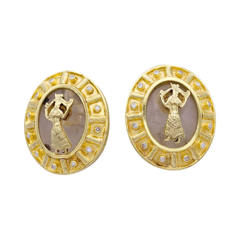 LALAOUNIS clip earrings in yellow gold, diamonds, and rock crystal
