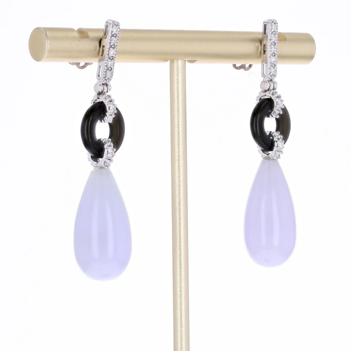 Stud earrings in white gold, onyx, jade and diamonds - Image 4