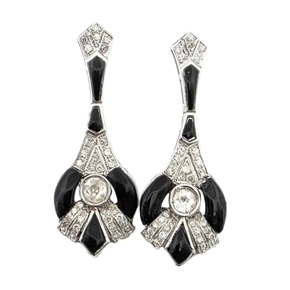 Earrings Pendants in white gold, onyx and diamonds