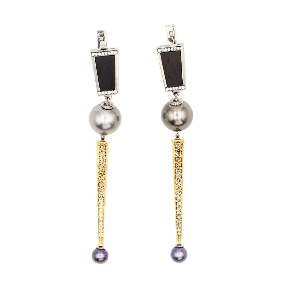 Earrings Pendants in yellow gold, white gold, pearls, wood species and diamonds