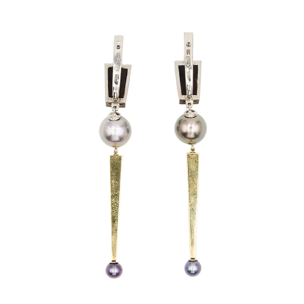 Earrings Pendants in yellow gold, white gold, pearls, wood species and diamonds - Image 2