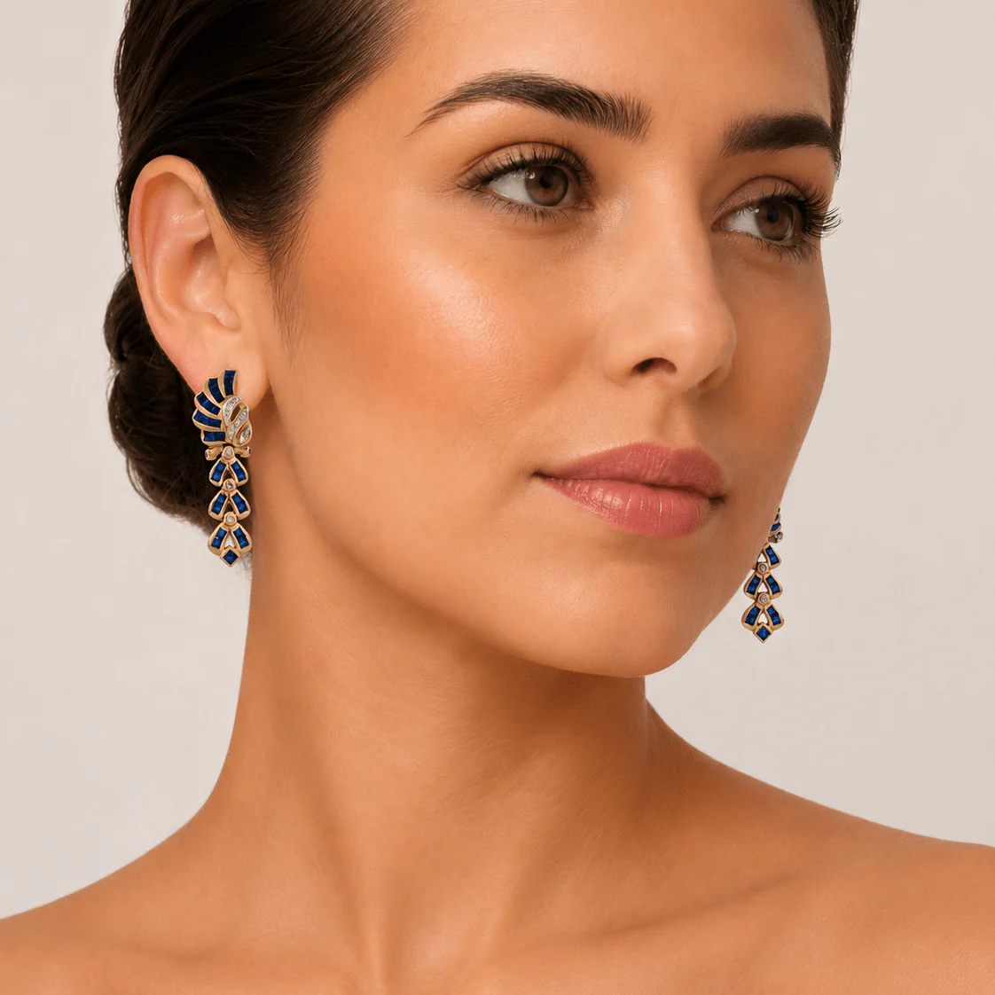Drop Earrings in Yellow Gold, Sapphires, and Diamonds - Image 2