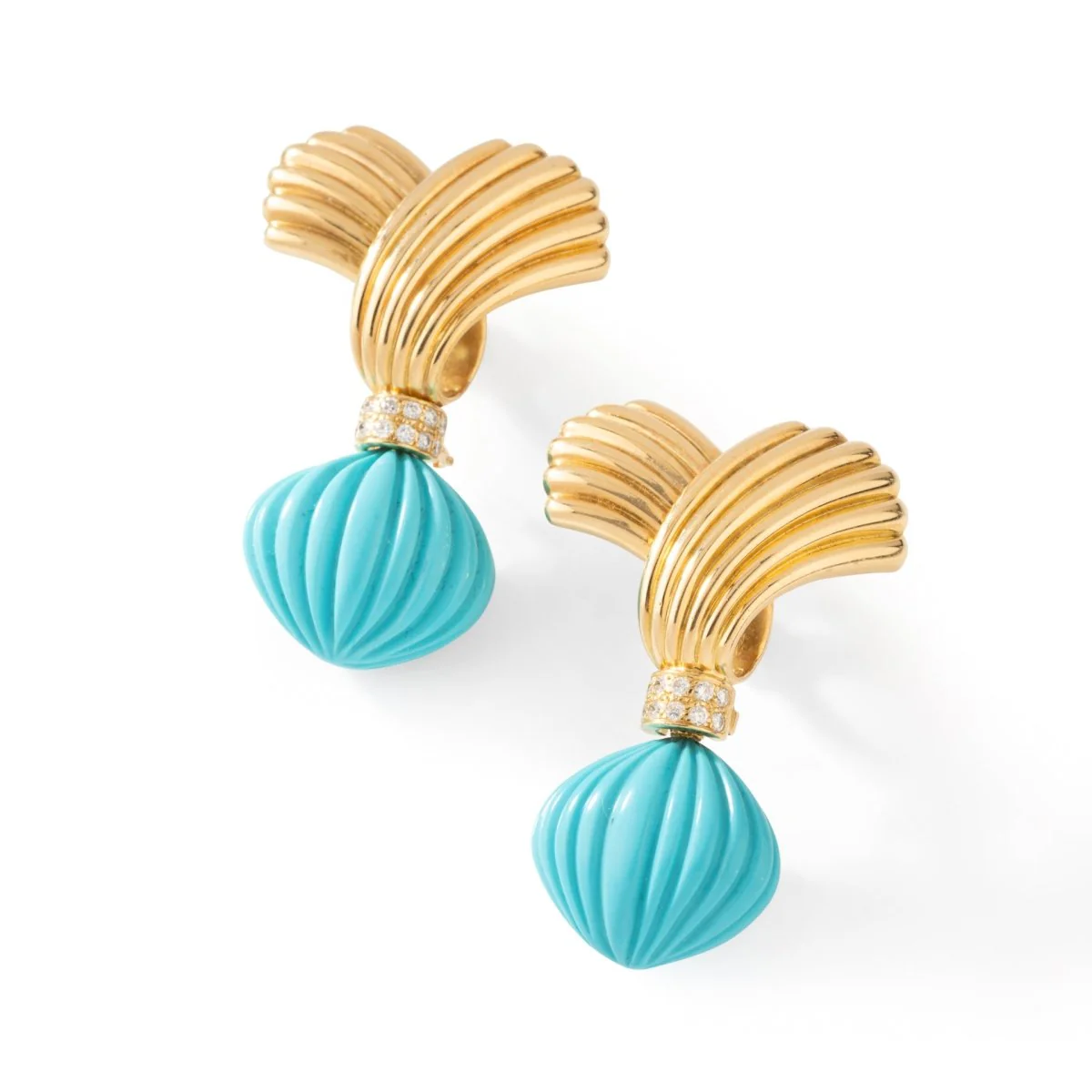 Drop earrings in yellow gold, turquoise and diamonds