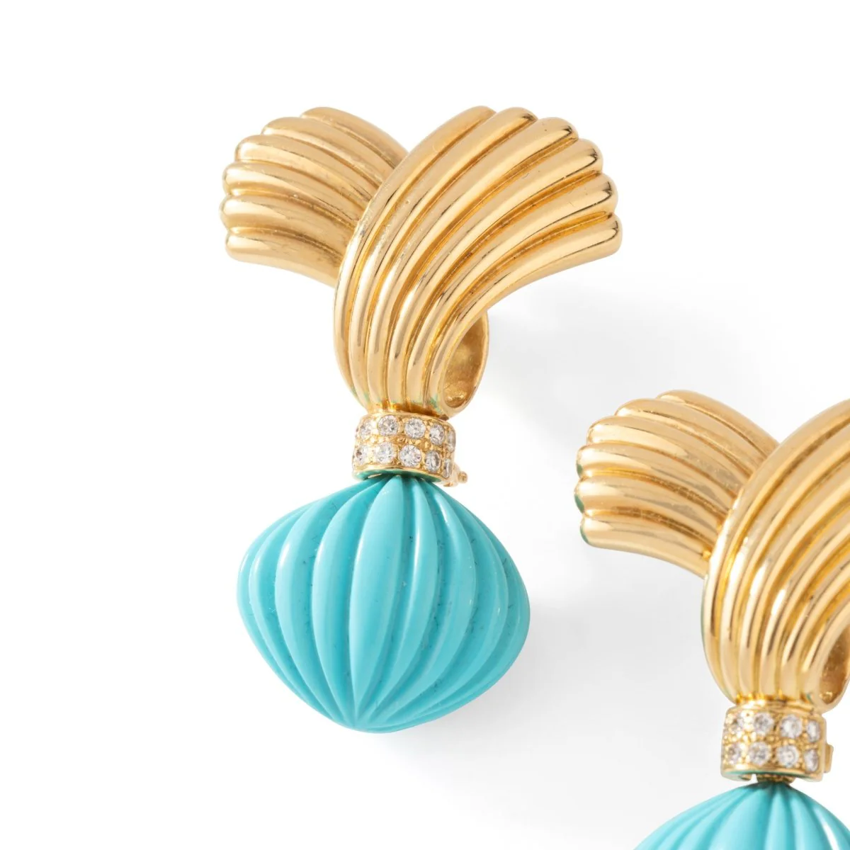 Drop earrings in yellow gold, turquoise and diamonds - Image 3