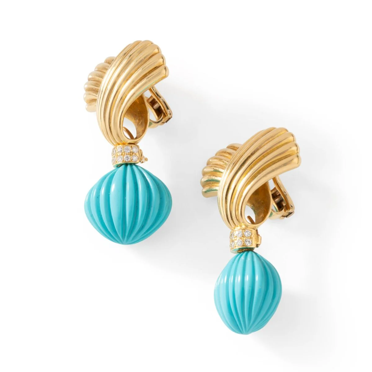 Drop earrings in yellow gold, turquoise and diamonds - Image 4