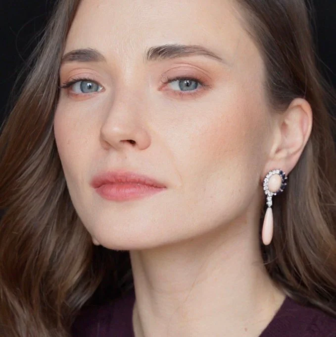 Earrings Coral Peau d'Ange diamonds White Gold Sapphires - Image 2