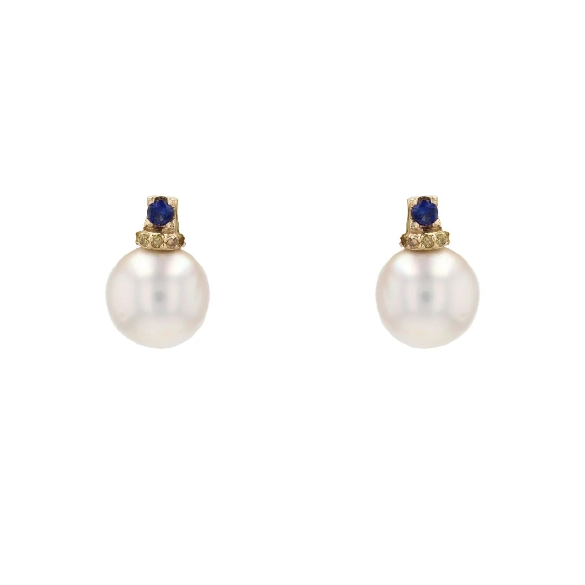 Stud earrings in yellow gold, sapphires, pearls and diamonds