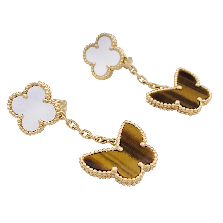 VAN CLEEF & ARPELS “Lucky Alhambra” earrings in yellow gold, white mother-of-pearl, tiger’s eye - Image 3
