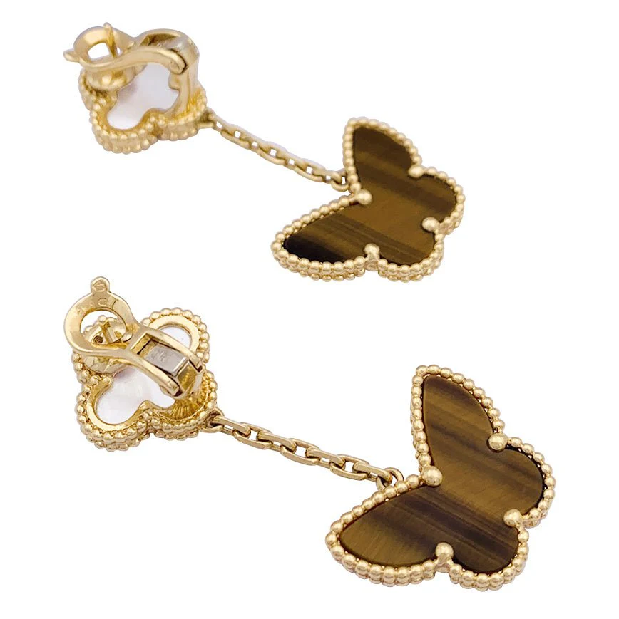 VAN CLEEF & ARPELS “Lucky Alhambra” earrings in yellow gold, white mother-of-pearl, tiger’s eye - Image 4