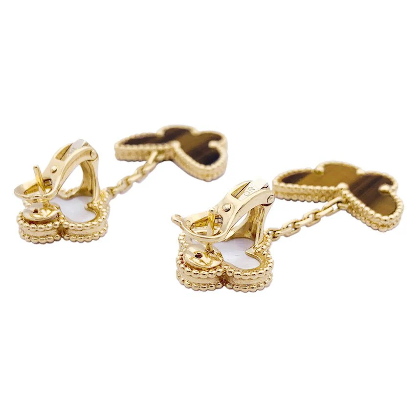 VAN CLEEF & ARPELS “Lucky Alhambra” earrings in yellow gold, white mother-of-pearl, tiger’s eye - Image 5