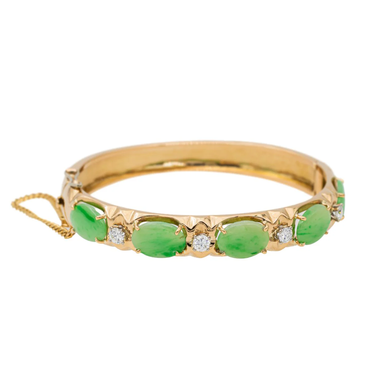 Yellow gold jade and diamond bangle bracelet