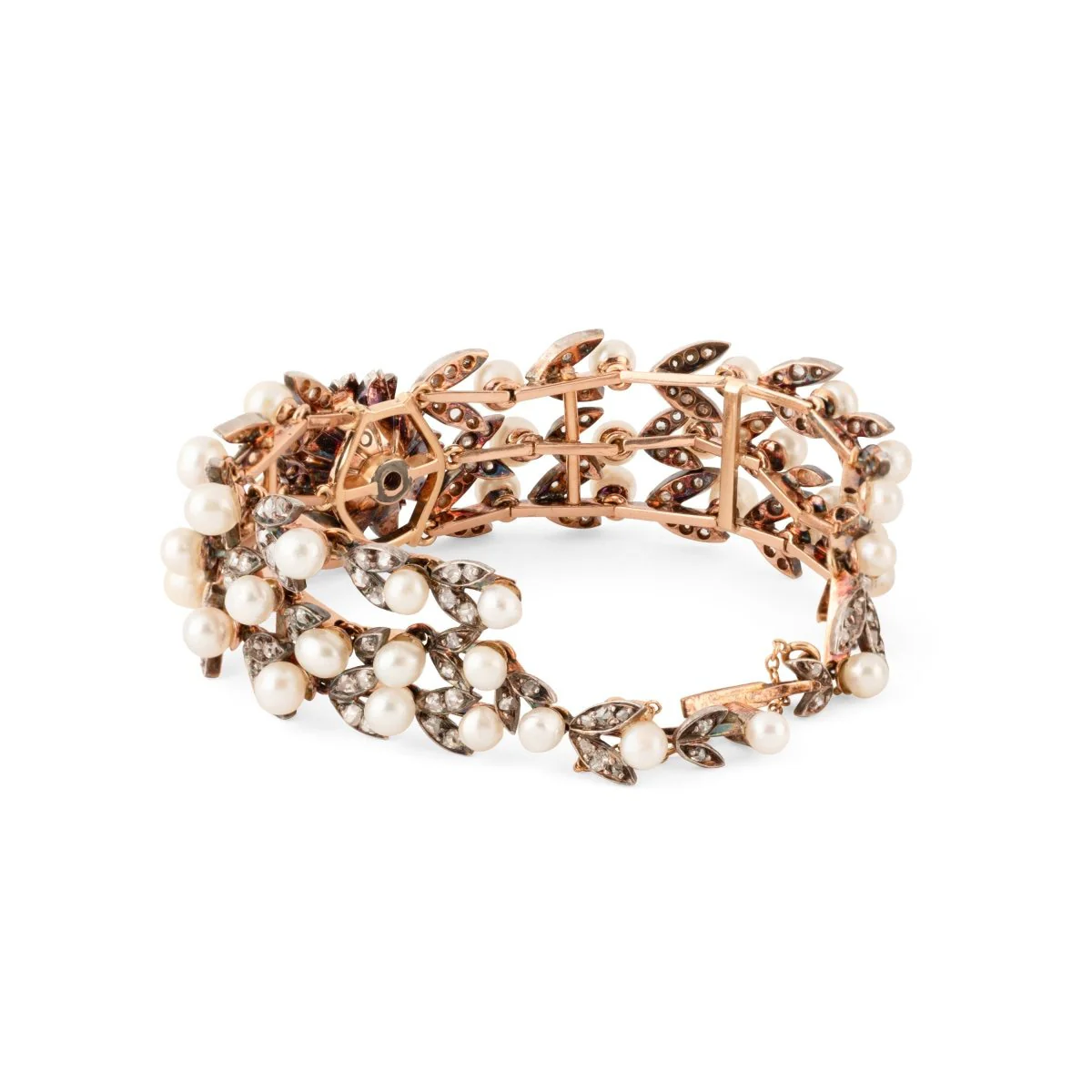 Flower cuff bracelet in yellow gold, pearls and diamonds - Image 3