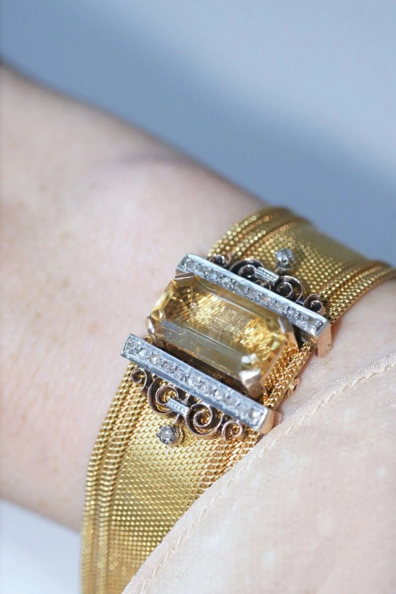Milanese mesh cuff bracelet, diamonds and citrine - Image 7
