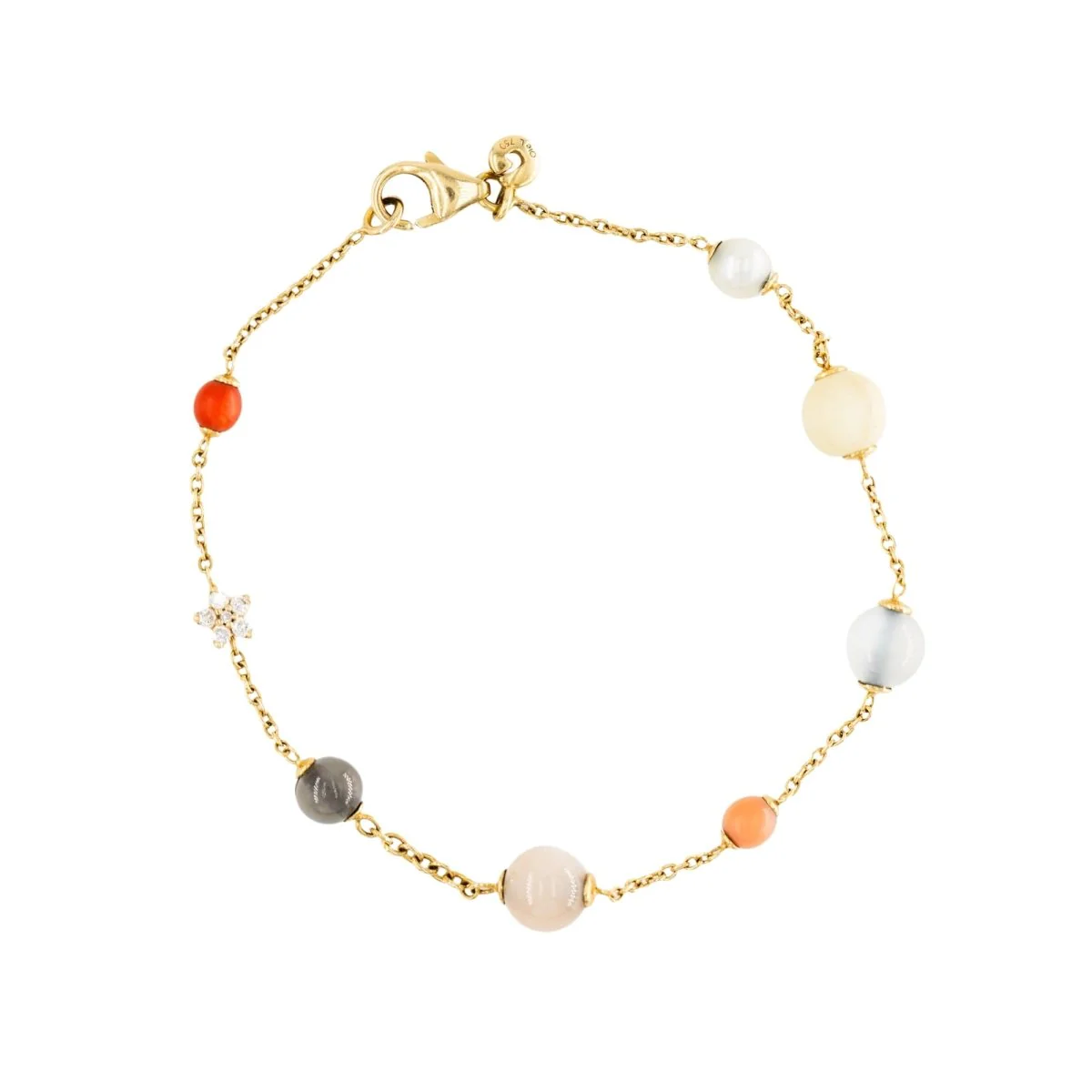 OLE LYNGGAARD "Shooting Star" Bracelet in yellow gold, moonstone, coral, and diamonds