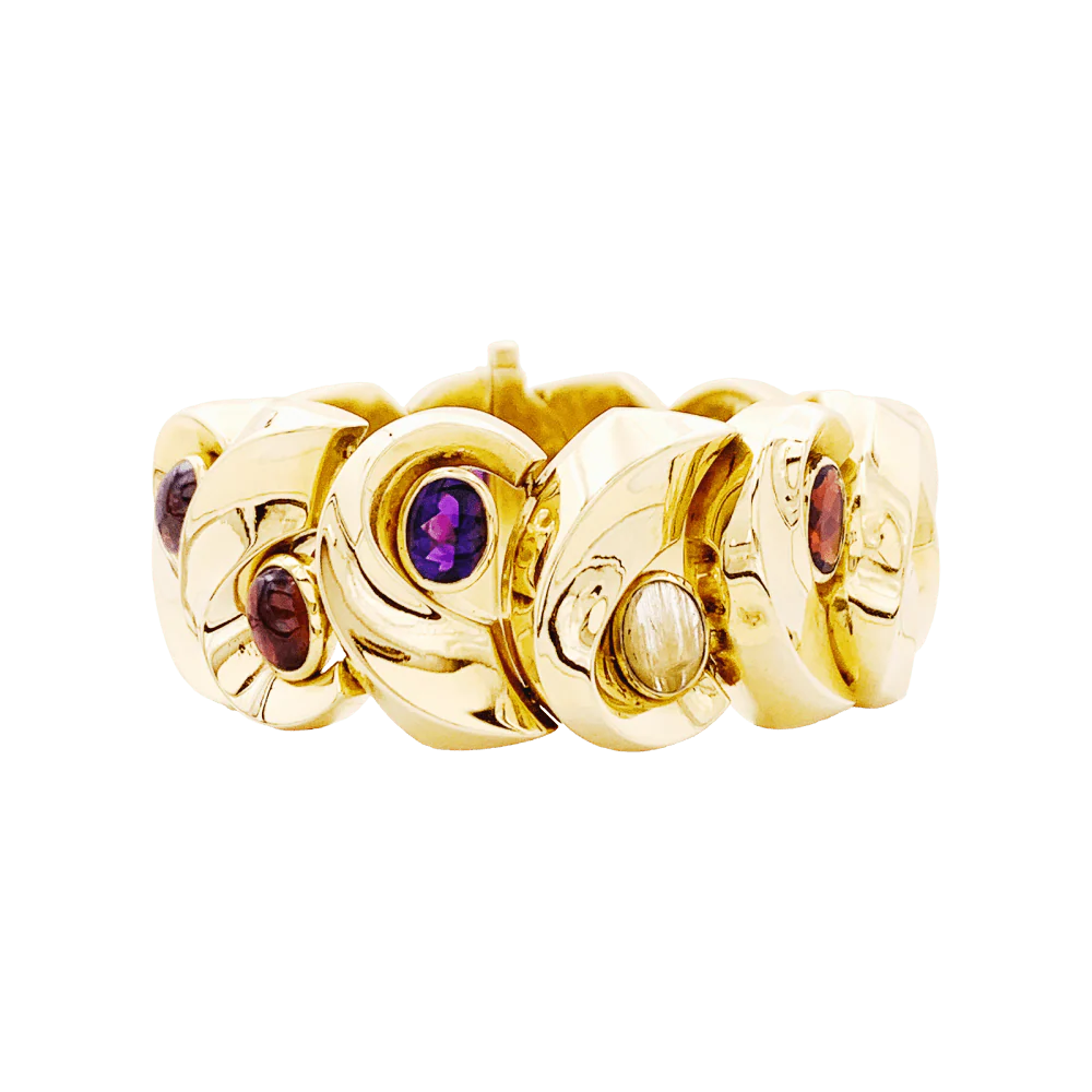 Bracelet Tank in Yellow gold, Amethyst, Garnets and Quartz