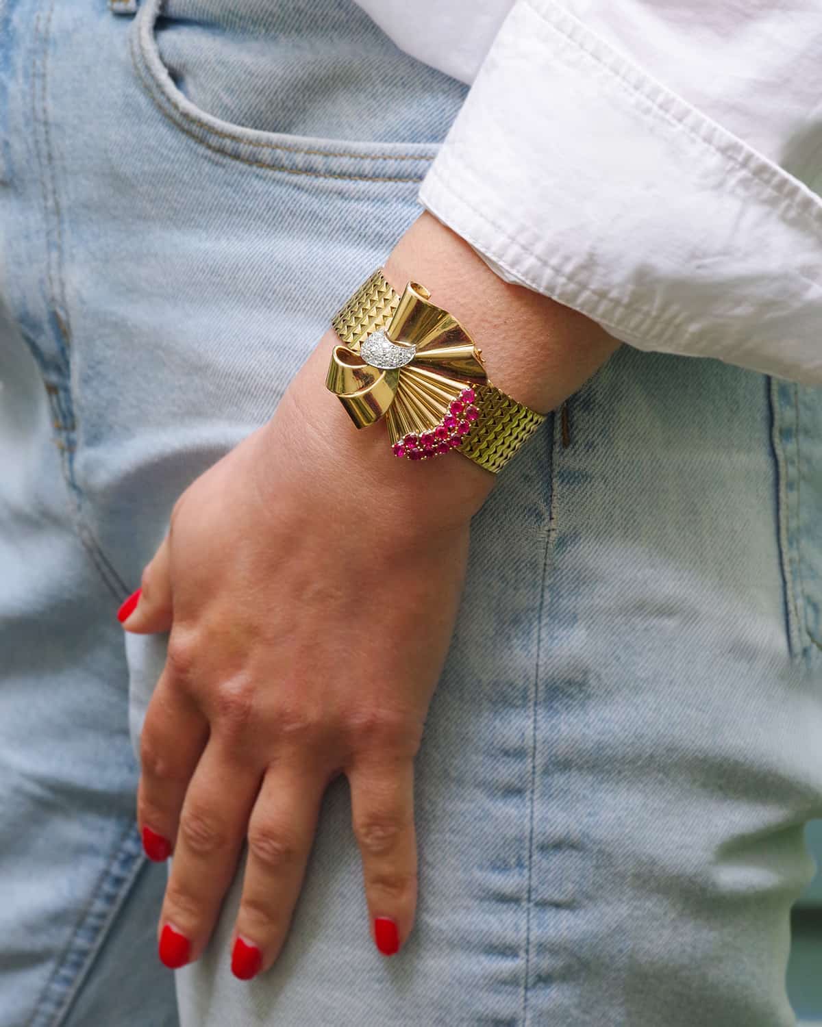 Flexible Bracelet in Yellow gold, Platinum, Ruby and Diamonds - Image 2