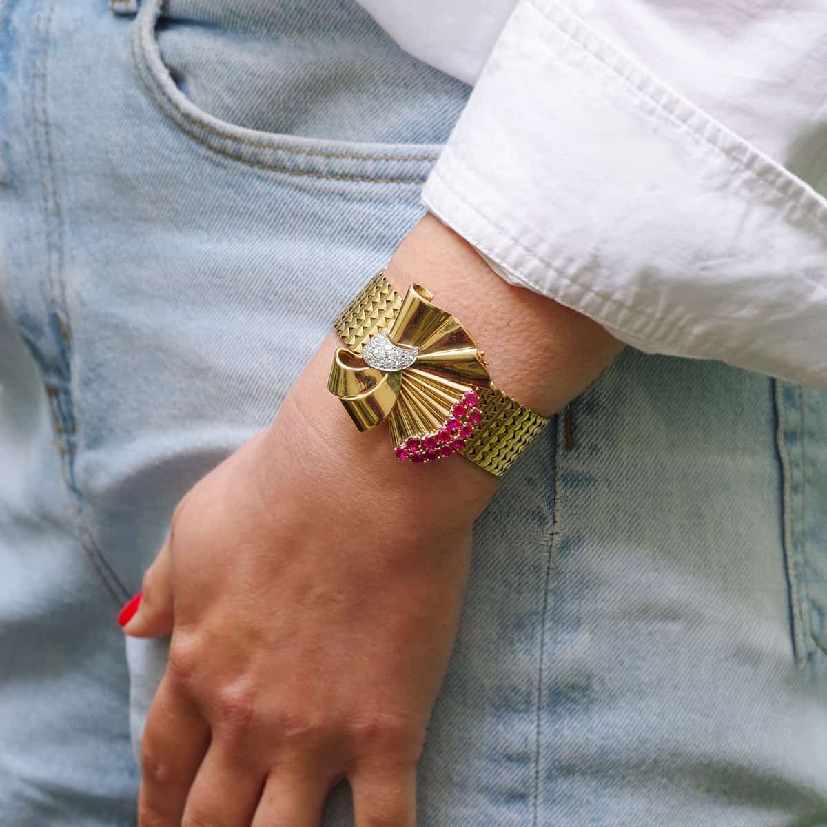 Flexible Bracelet in Yellow gold, Platinum, Ruby and Diamonds - Image 6