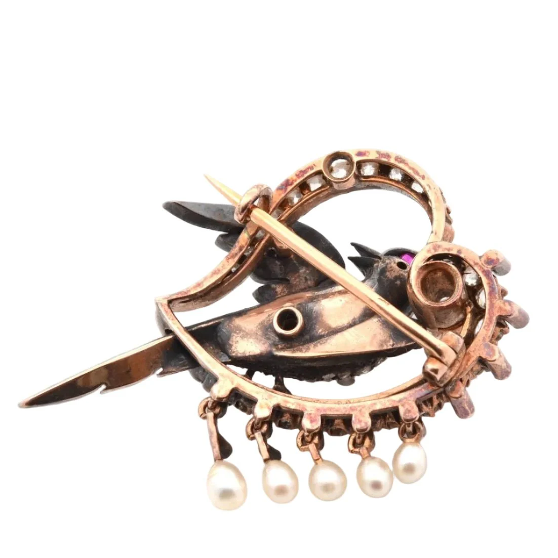 Brooch Pin in yellow gold, silver, pearls, rubies and diamonds - Image 2