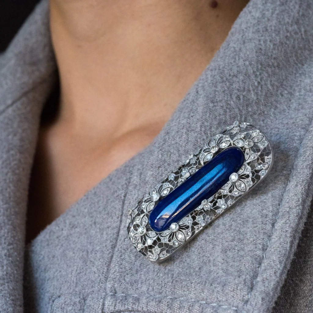 Brooch Pin in white gold, paltinium, lapis lazuli and diamonds - Image 2