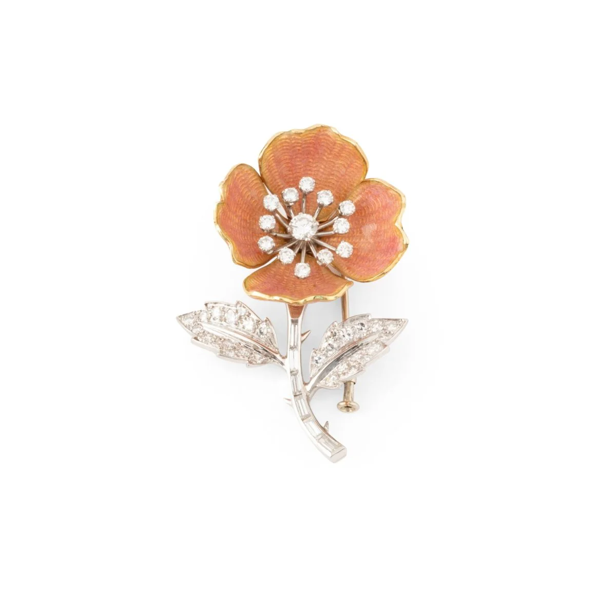 BOUCHERON clip brooch "Eglantine" in 18-carat white gold, set with pink enamel and diamonds.