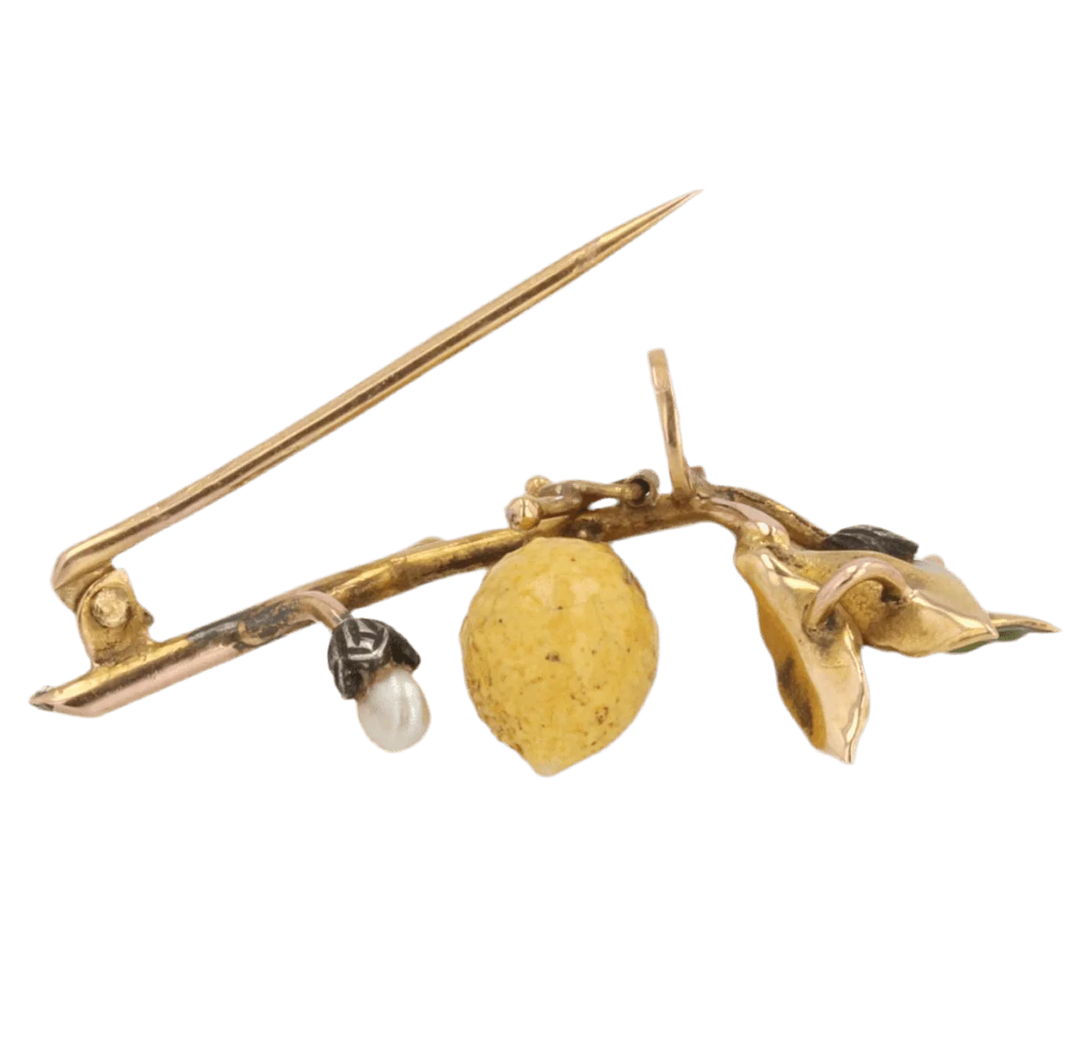 Gold pin brooch with pearls and enamel - Image 4