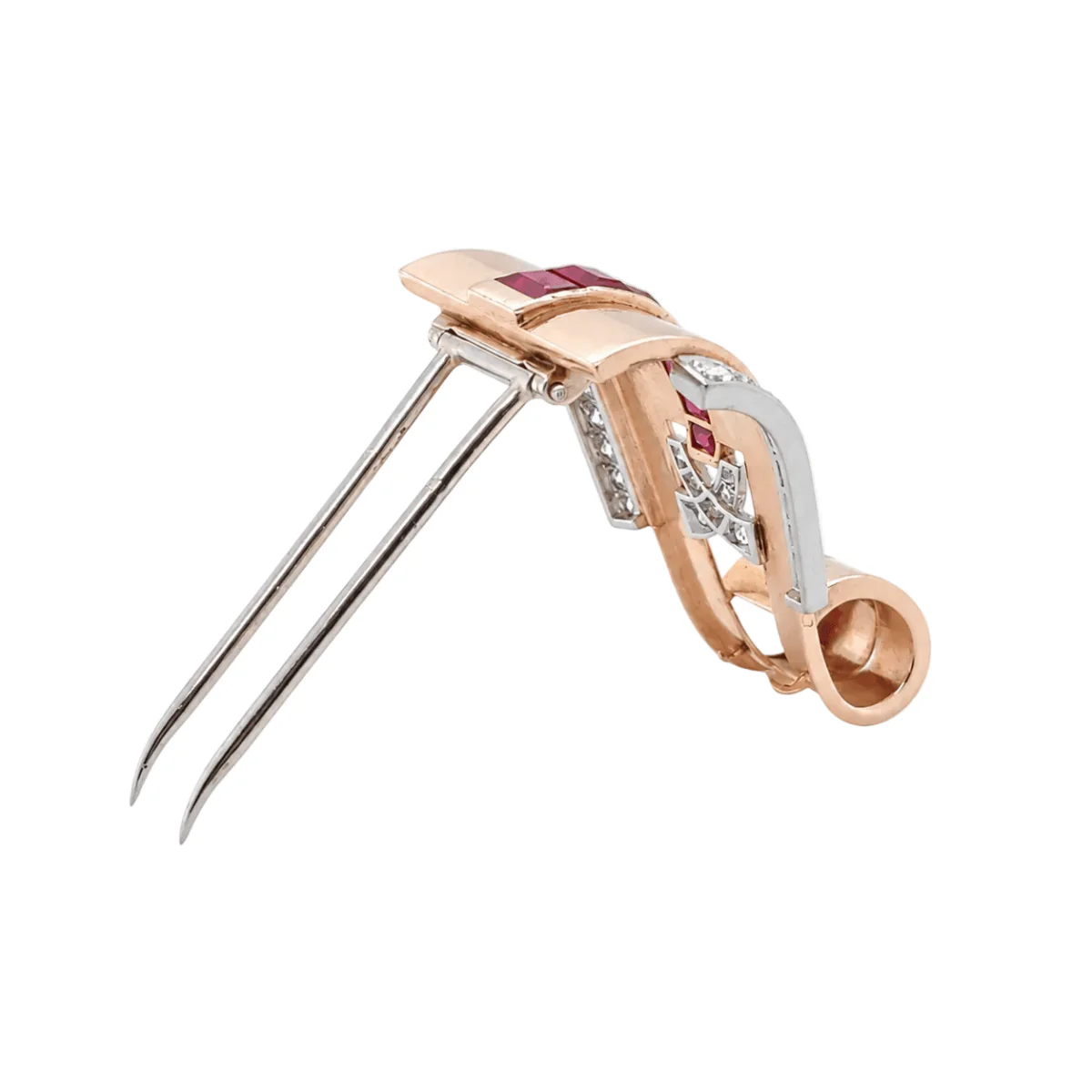 Clip Brooch in White Gold, Rose gold, Rubies, and Diamonds - Image 3