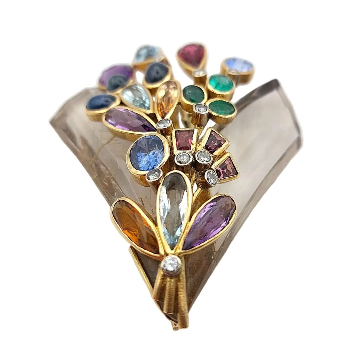 Brooch Pin in white gold, yellow gold, rock crystal, emeralds, sapphires, aquamarines, citrines, amethysts and tourmalines - Image 3