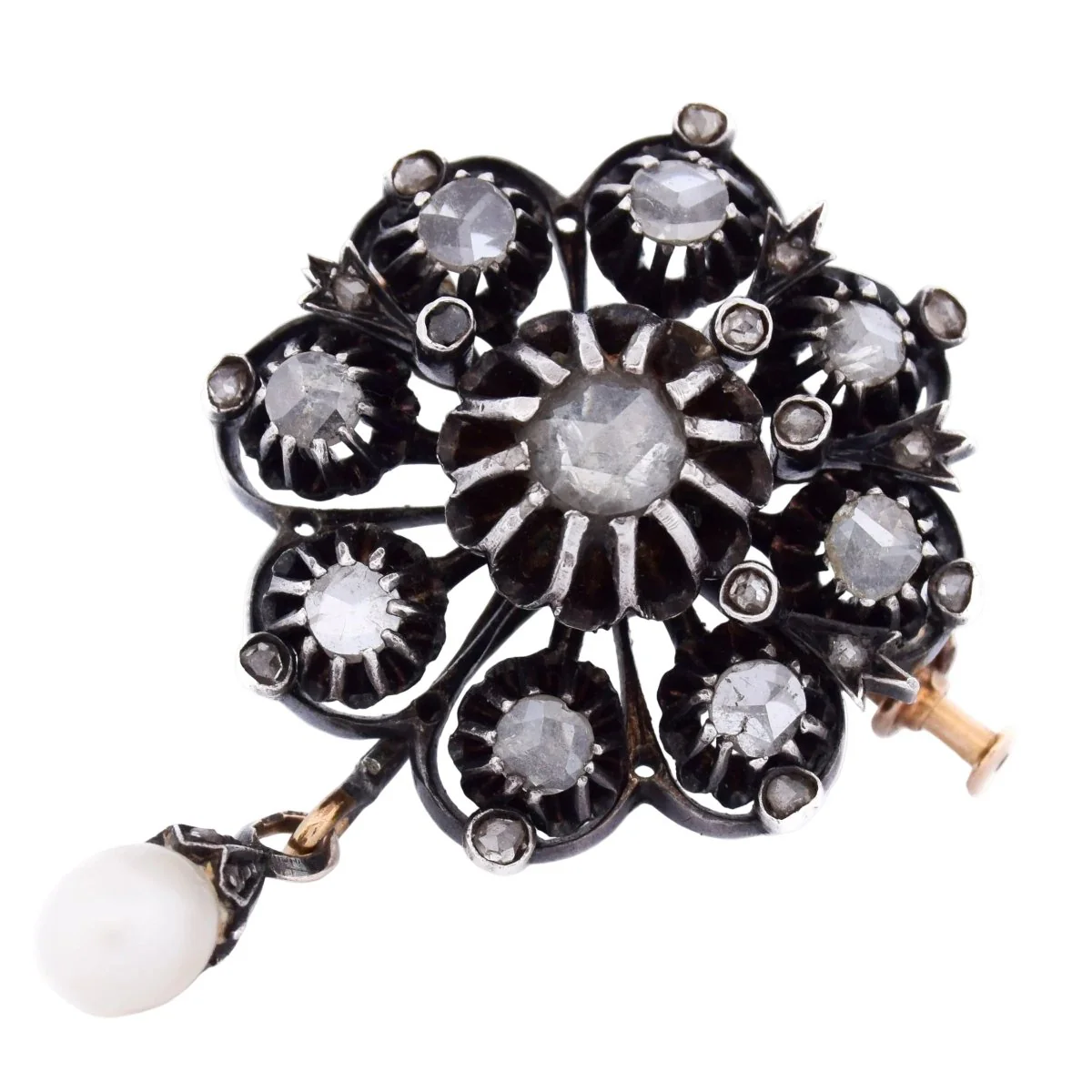 Brooch Pin in yellow gold, silver, pearl and diamonds