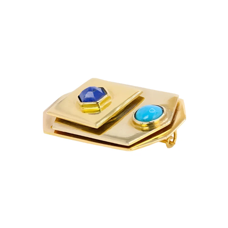 PIERO DORAZIO pin brooch in yellow gold, lapis lazuli and turquoise - Image 4