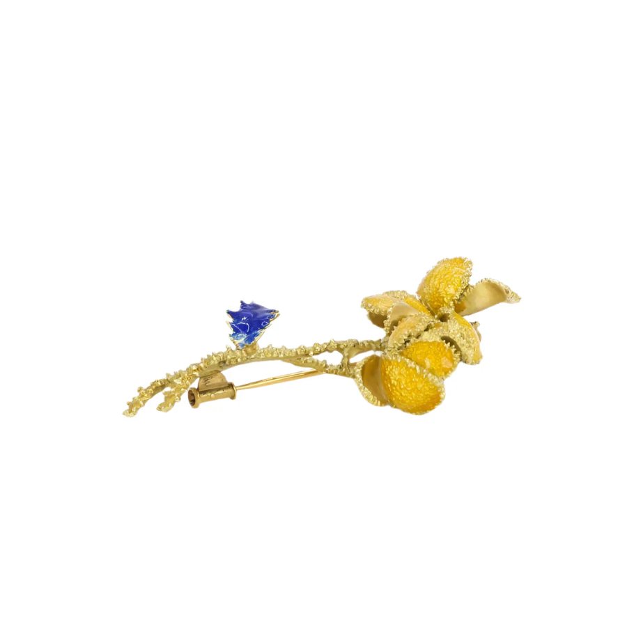 Brooch 70s flower yellow gold enamel - Image 4