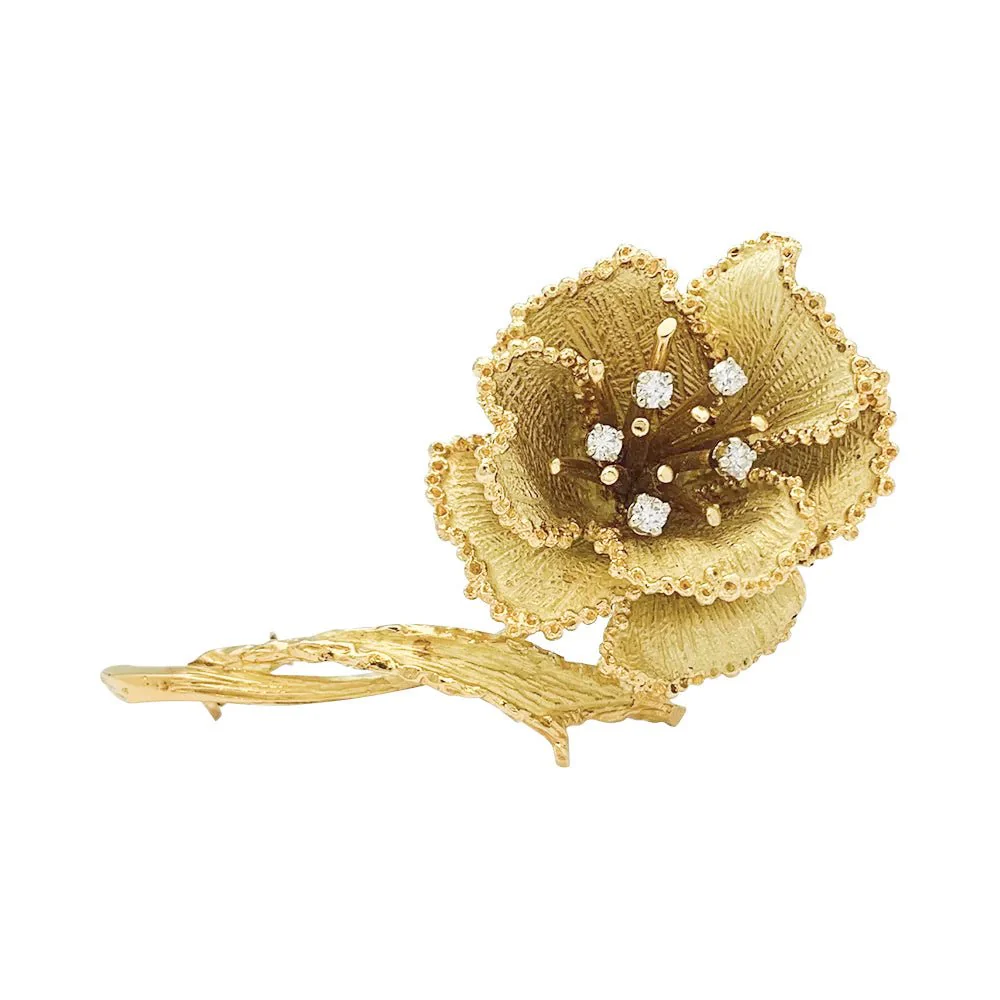 Yellow gold and diamond flower brooch - Image 6