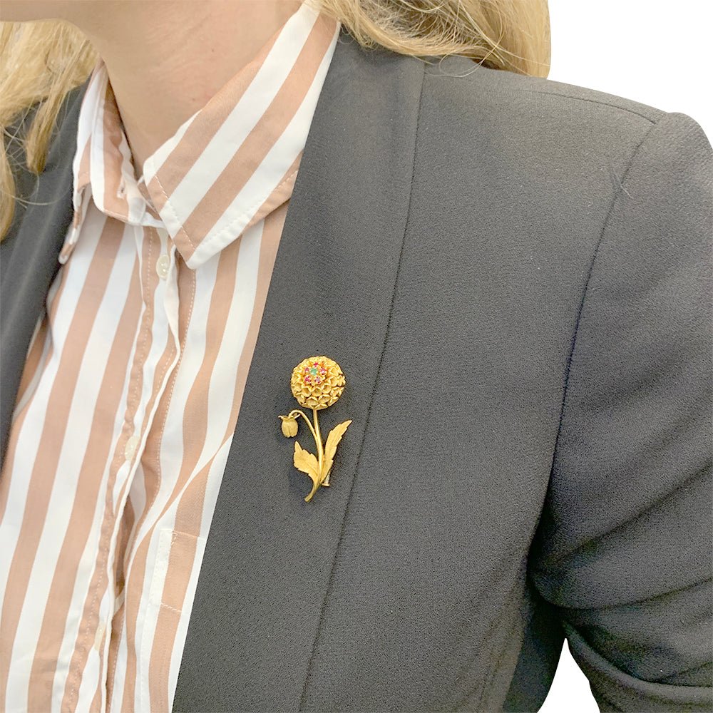 Yellow gold flower brooch, colored stones - Image 7