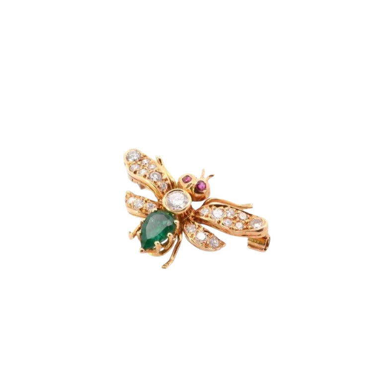 Insect Pin Brooch in yellow gold, emerald, ruby and diamonds