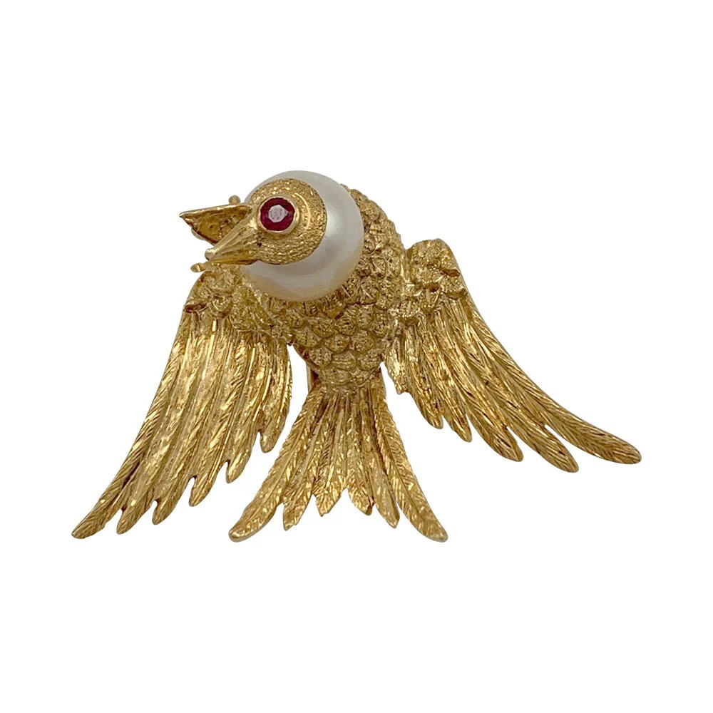 Bird brooch in yellow gold, ruby, pearl - Image 7