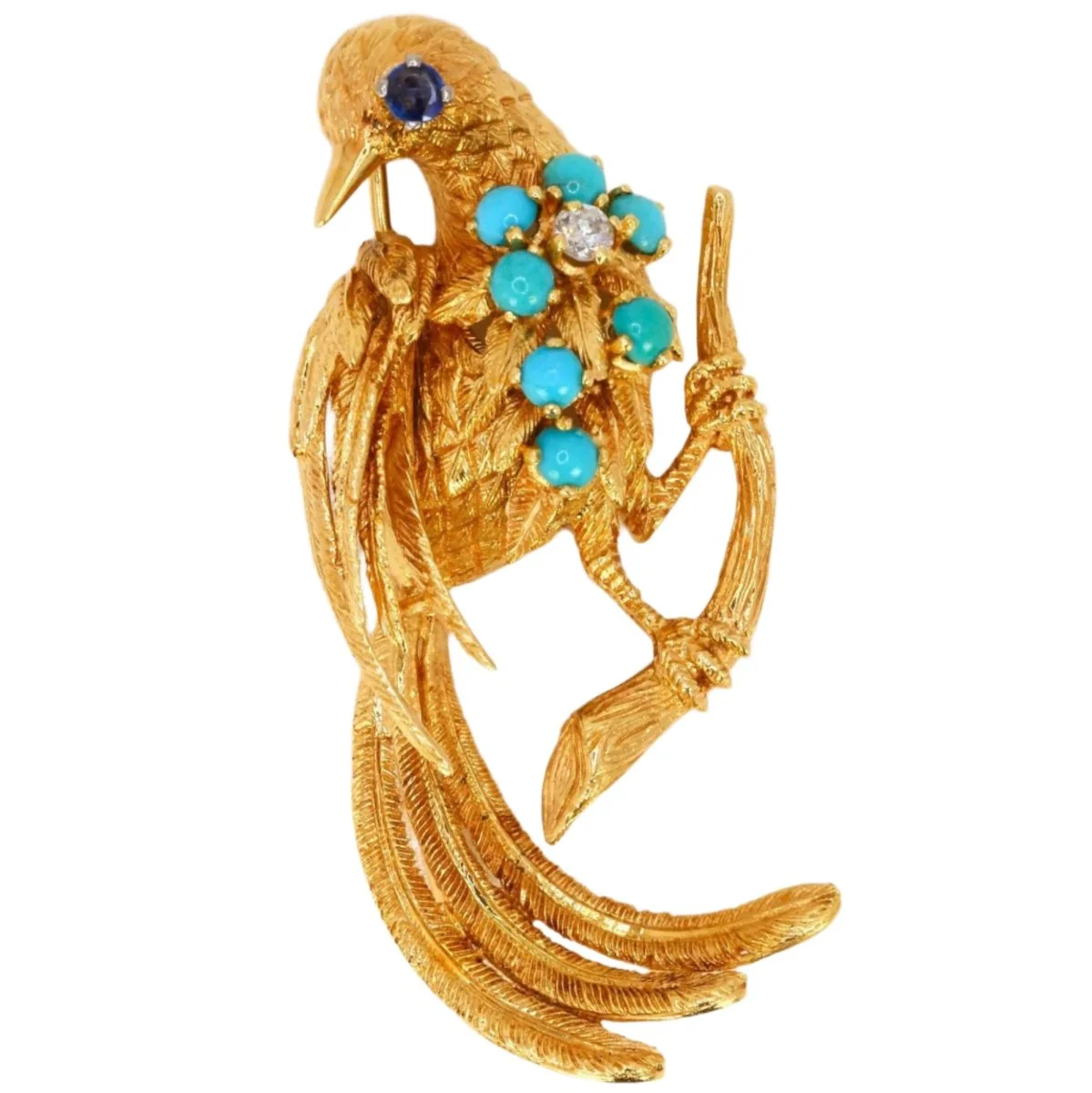 Brooch bird in yellow gold, sapphire and diamond