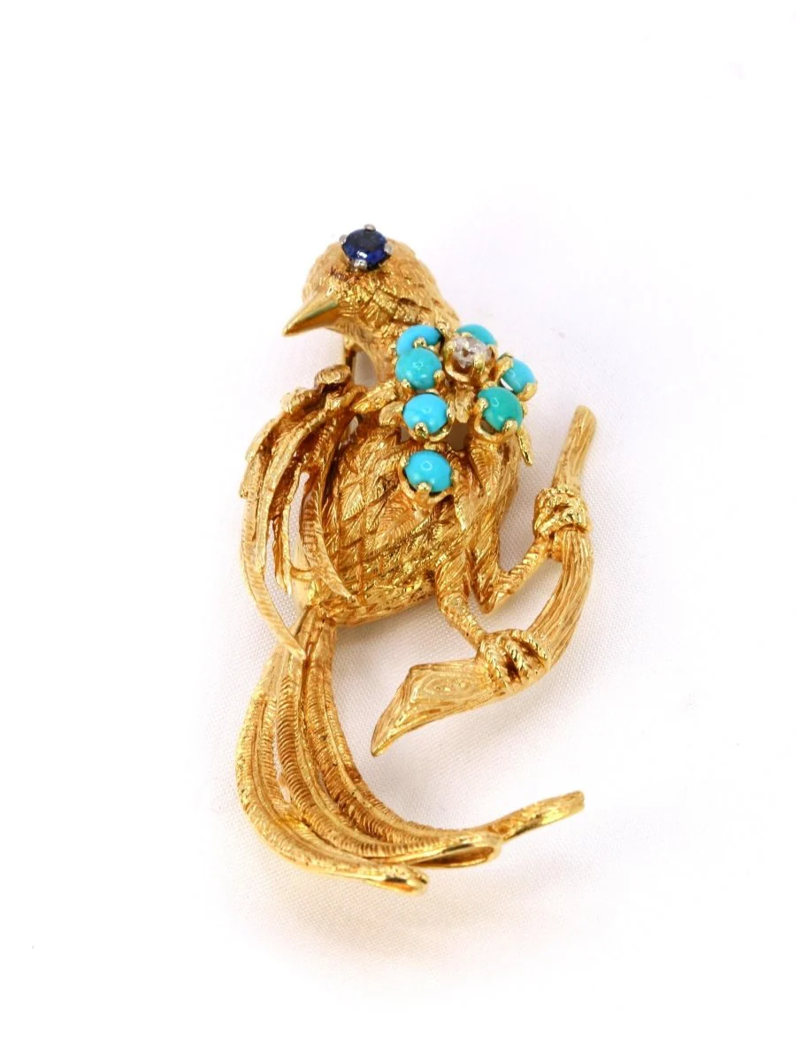 Brooch bird in yellow gold, sapphire and diamond - Image 4