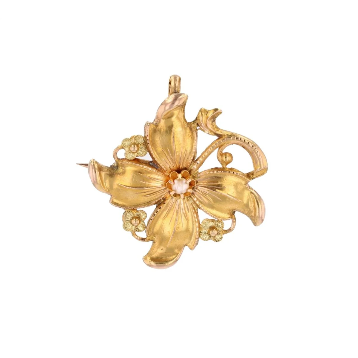 Yellow gold, green gold and pearl pin brooch