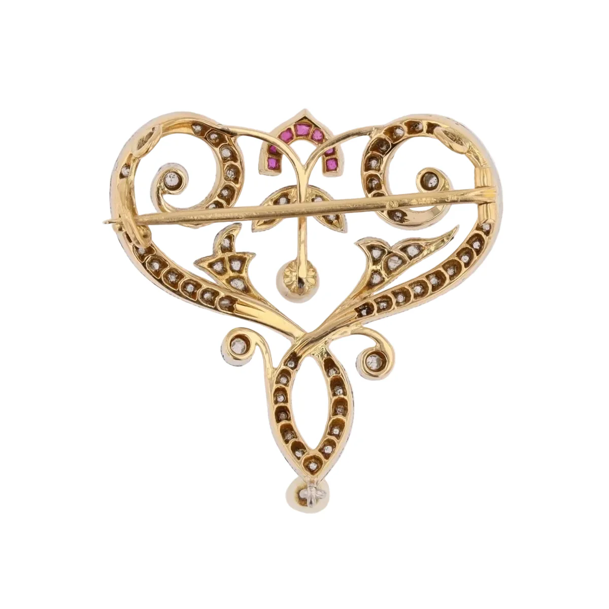 Brooch Art Nouveau pendant in yellow gold and paltinium with diamonds, fine pearls and rubies - Image 3