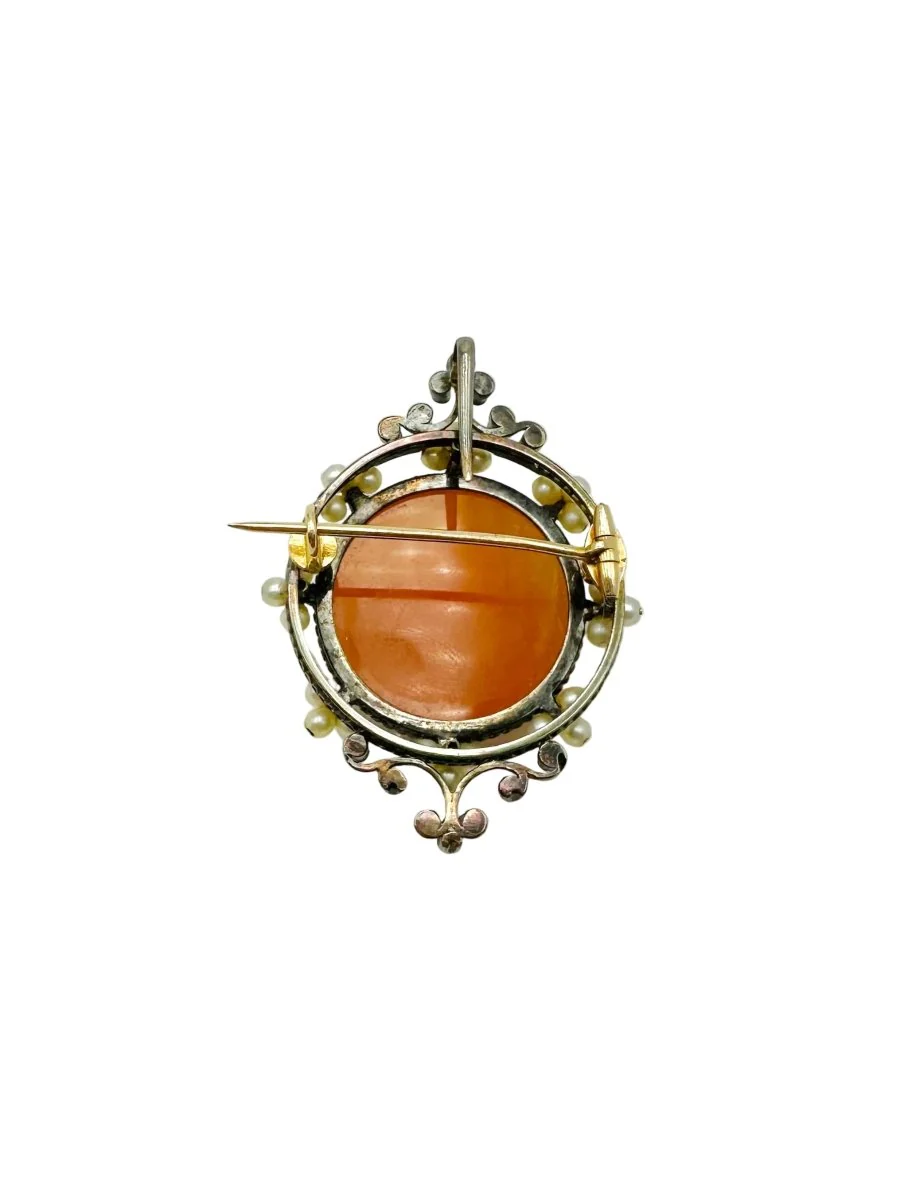 Brooch/Pendant Cameo in Agate, Pearls, Diamonds and Yellow gold - Image 3