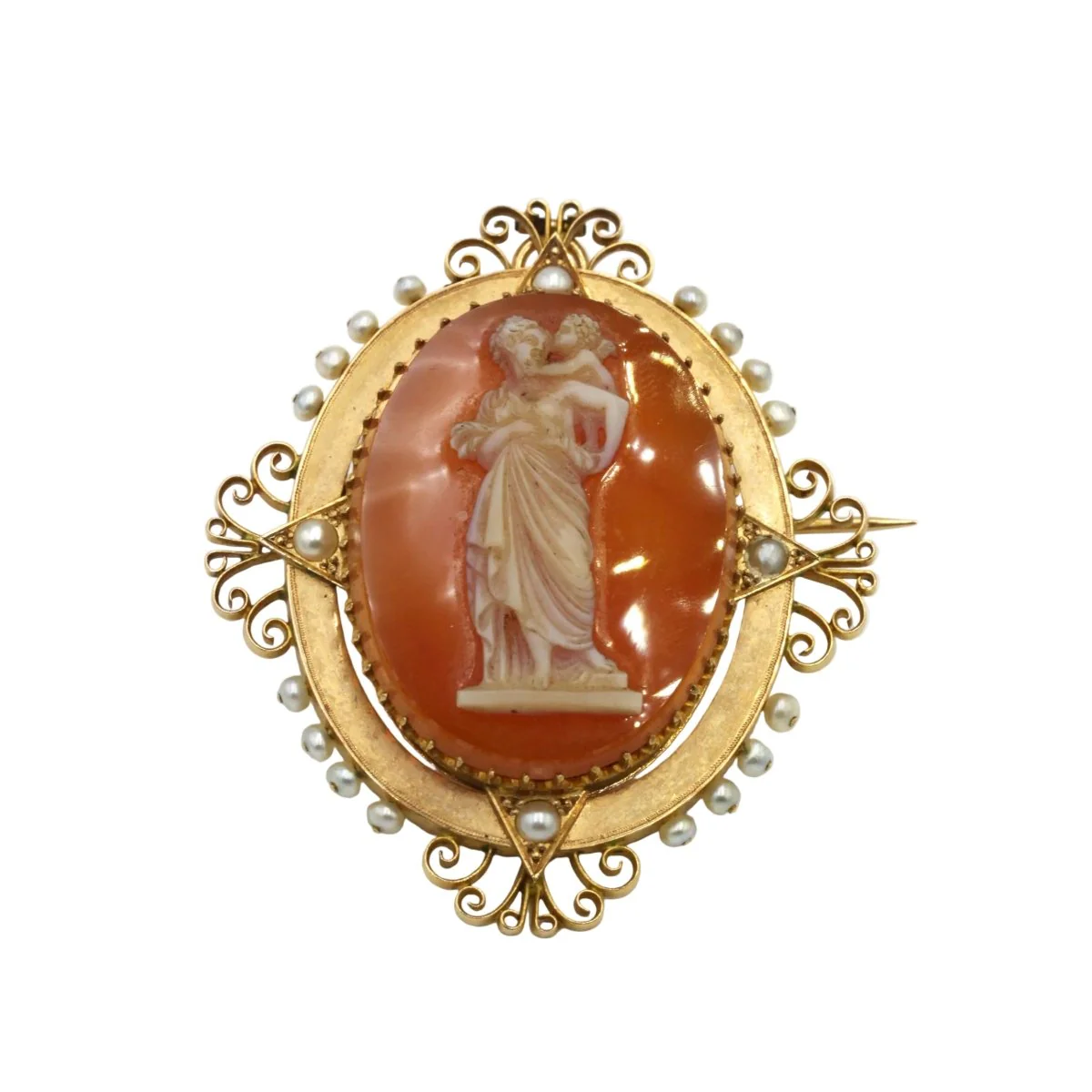 Brooch Pendant - Yellow gold, Cameo Agate & Pearls