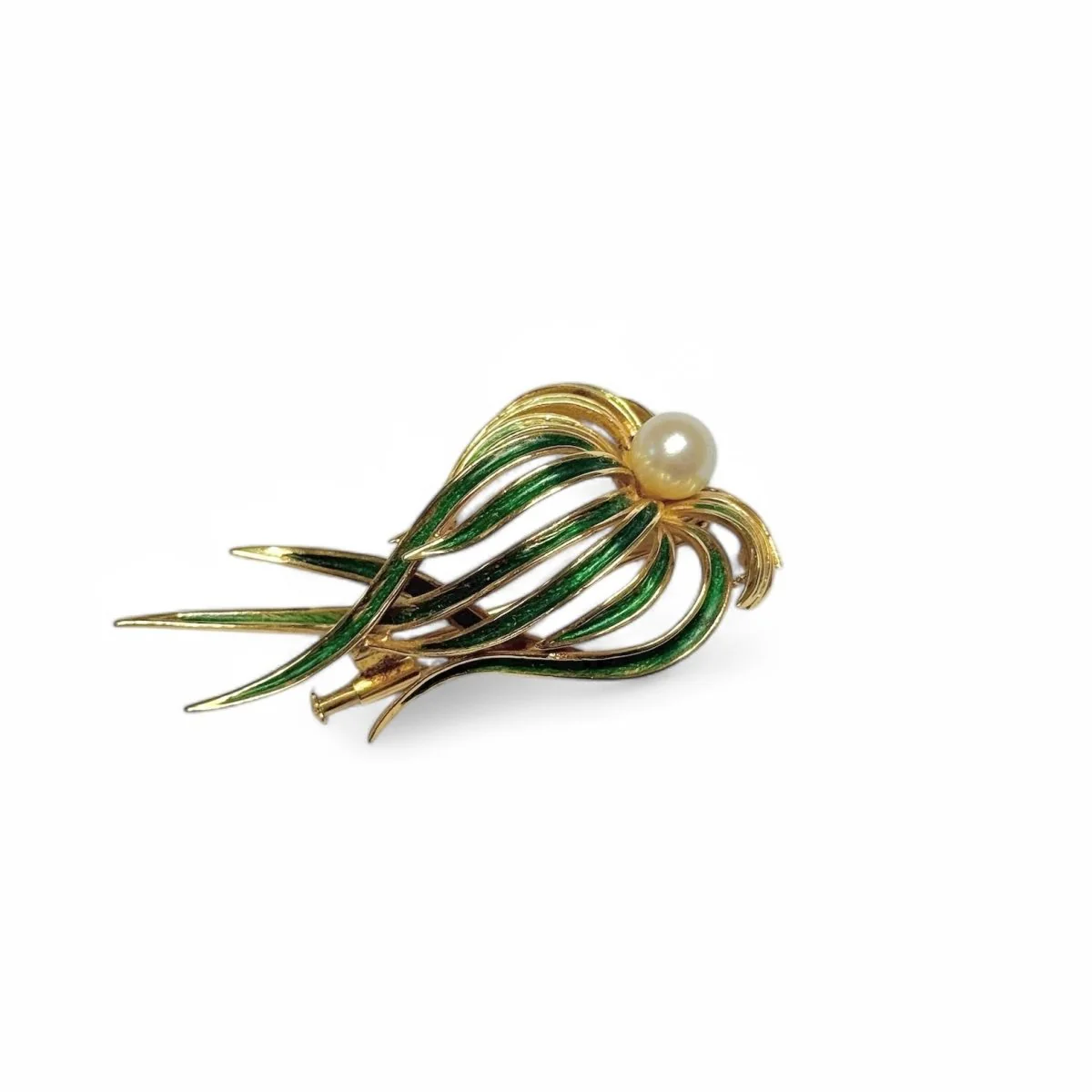Brooch "posidonia" in yellow gold, green enamel and pearl