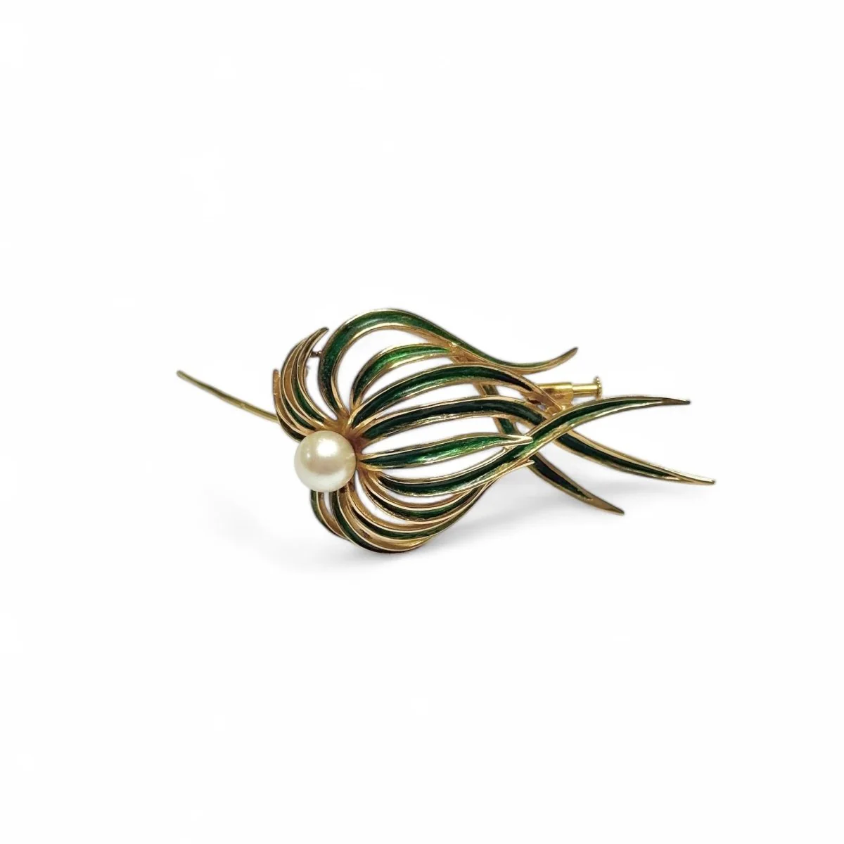 Brooch "posidonia" in yellow gold, green enamel and pearl - Image 5