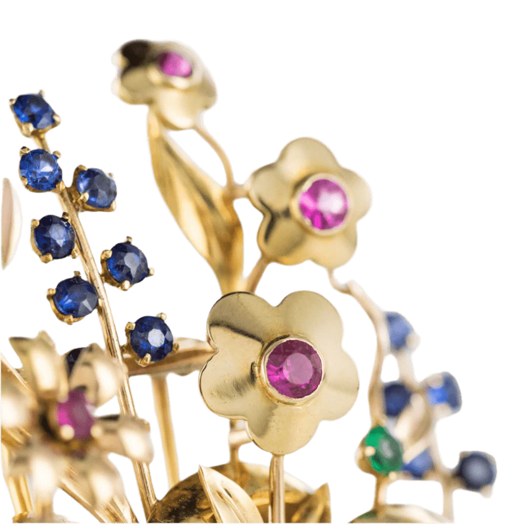 Brooch Pin in yellow gold, rubies, sapphires and emerald - Image 3