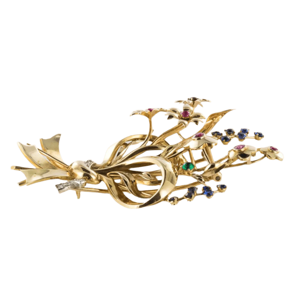 Brooch Pin in yellow gold, rubies, sapphires and emerald - Image 4