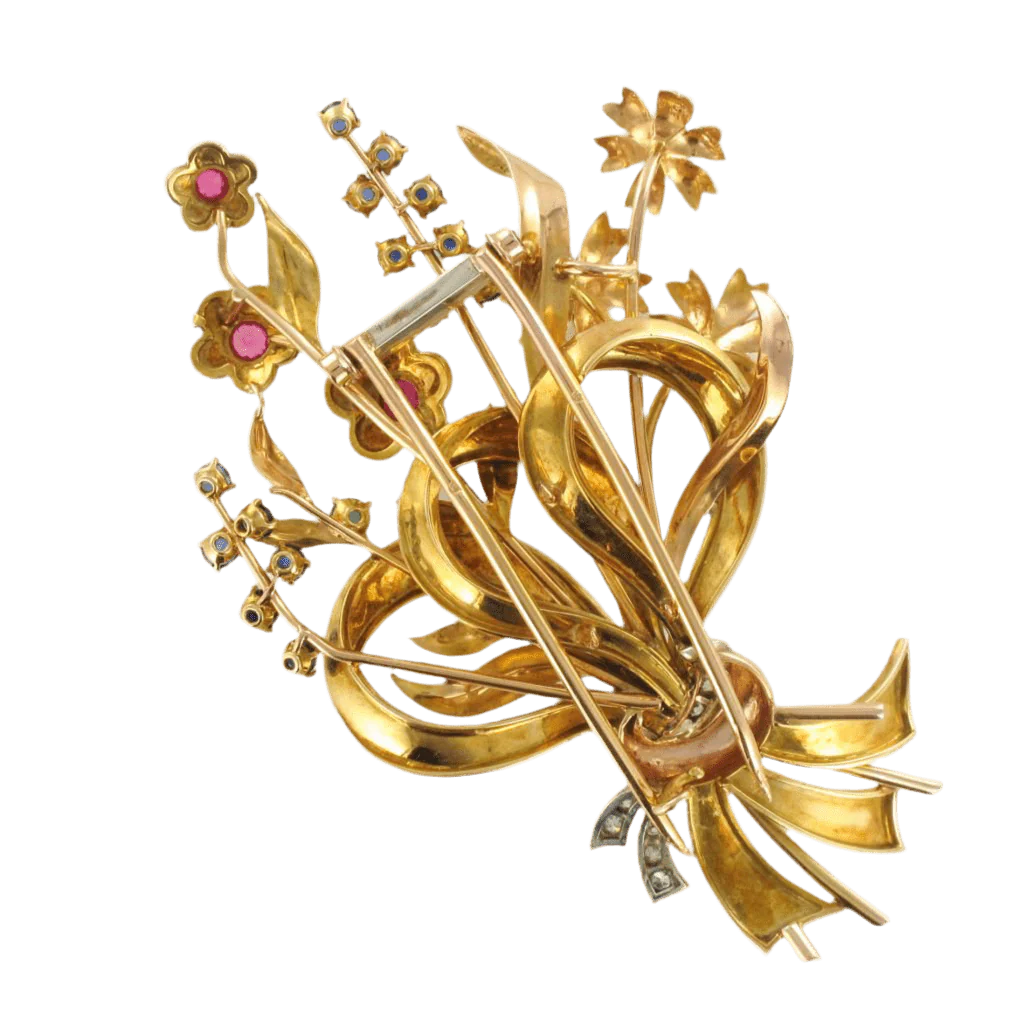 Brooch Pin in yellow gold, rubies, sapphires and emerald - Image 5