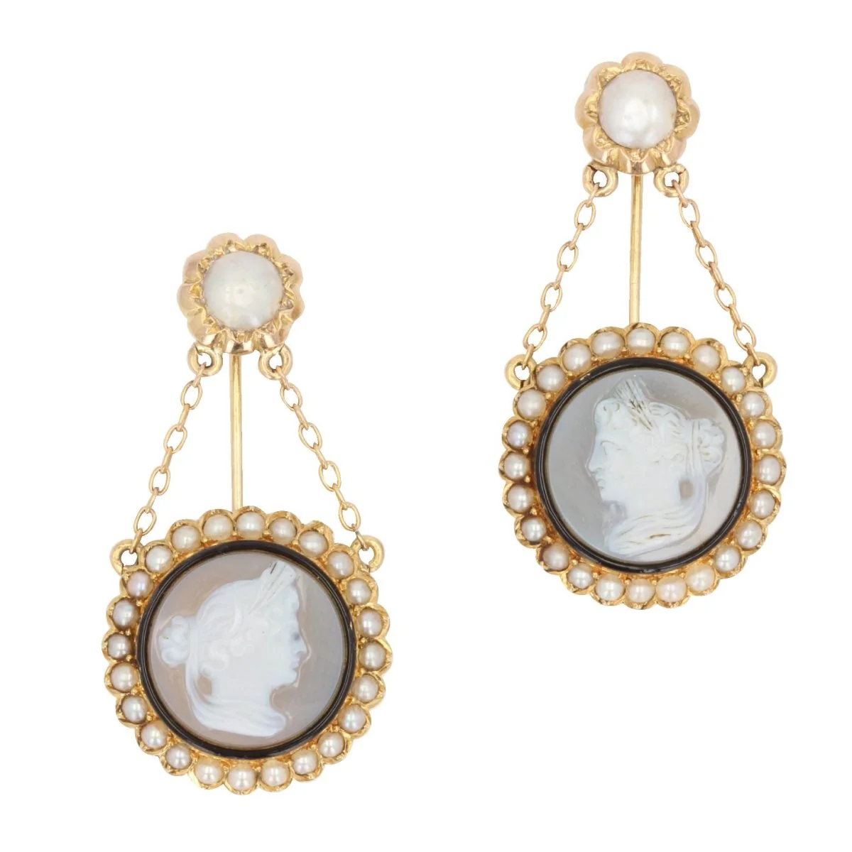 Spindles in yellow gold, agate and pearls