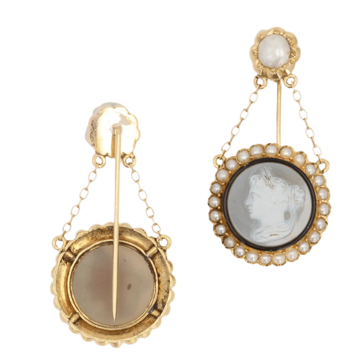 Spindles in yellow gold, agate and pearls - Image 3